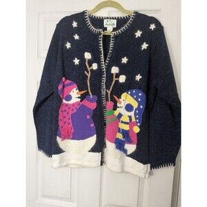 Quacker Factory Angora Blend Snowman Cardigan Button Up Sweater Size Large
